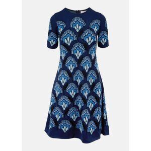 CAROLINA HERRERA Jacquard Knit Fit & Flare Midi Dress S Blue Holiday Party Dress